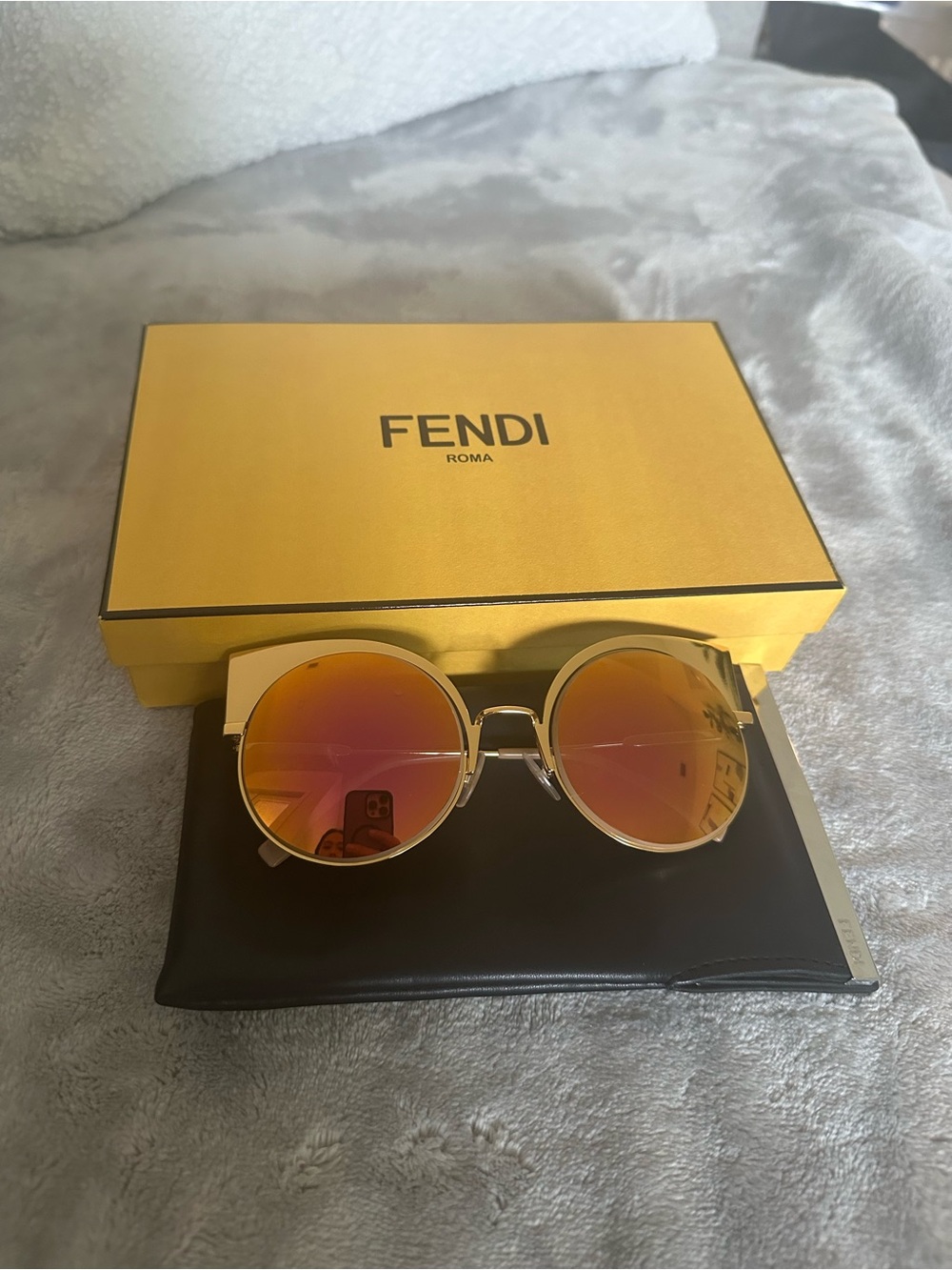Fendi Gold Frame Sunglasses with Pink-Orange Mirrored Lenses